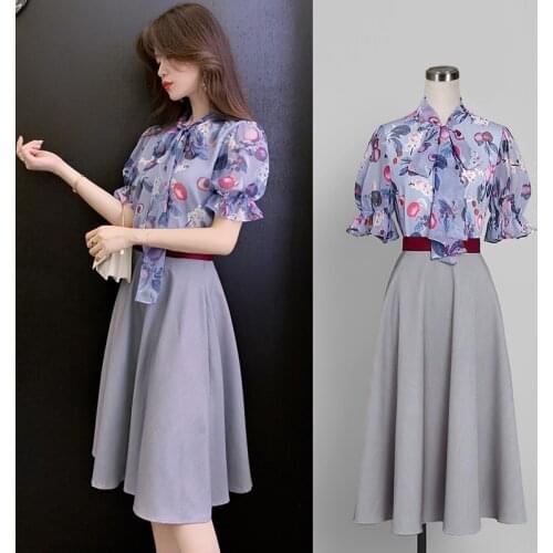 New Arrival Women Temperament Sexy Chiffon Print Basic Shirt Comfortable Skirt Fashion High Quality Work Style Women Set