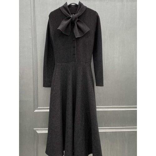 Women Winter 2021 Autumn Knitted Dress Long Dress Wool Long Sleeve Gray Dress Vintage Elegant Waist Hugging Dresses