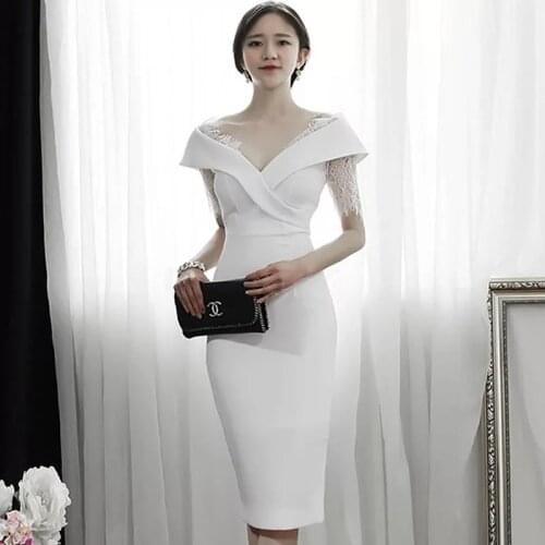 2020 New Summer Lace Patchwork Black Sexy Vestidos Women Knee-Length Midi Pencil Bodycon V-Neck Office Work OL Dress Female