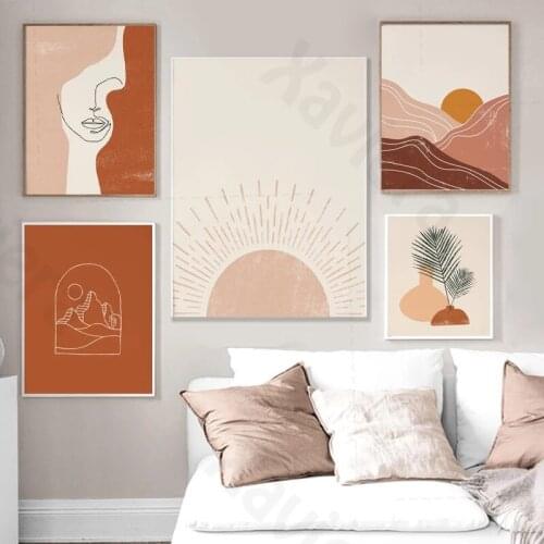 Boho Style Abstract Wall Pictures Desert Nordic Posters and Prints Gallery Mural Art Canvas Painting Sun & Woman Face Home Decor