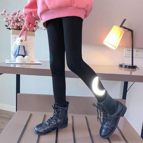 Girls Plus Velvet Leggings Winter 2020 New Moon Print Reflective Childrens Thickened Pants Kids Sport Trousers