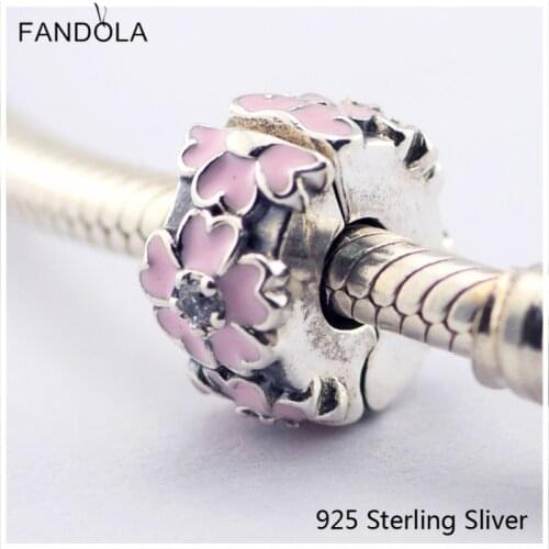 CKK 925 Sterling Silver Pink Primrose Clip, Light Pink Enamel Charms Original Beads Fits Bracelets DIY Jewelry