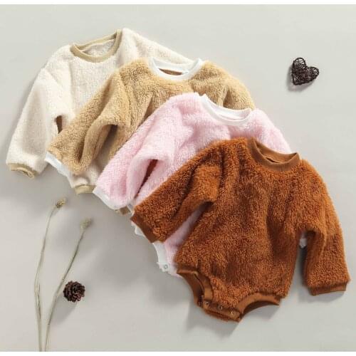 Baby Autumn Winter Bodysuit Plush Splicing O-Neck Long Sleeve Jumpsuit with Crotch Buttons for Toddlers Girls Boys 0-24 Months
