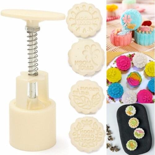 DIY 3D Round Moon Cake Mould Set Biscuit Mooncake With 4 Stamps Home Beige New