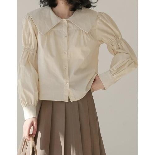 Elegant Apricot Spring Summer Female Blouse Vintage Bubble Sleeve Women Short Top New Cute Doll Collar Lady Shirts 2021