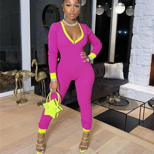 FUFUCAILLM One-piece Womens Patchwork Jumpsuits Long Sleeve Slim V-neck Bodycon Casual Sporty Outfits
