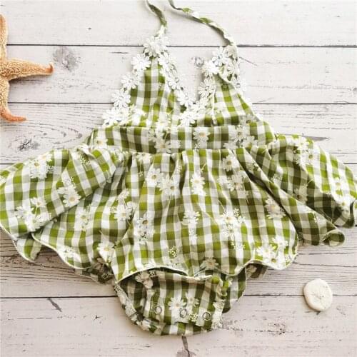 4 Colors Summer Cute Newborn Baby Girls Cotton Romper Clothes Flower Plaid Printed Sleeveless Belt Jumpsuits Dress 0-24M