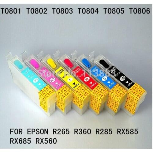 6 color 80 T0801 -T0806 Refillable ink cartridge for EPSON R265 R360 R285 RX585 RX685 RX560 printer Auto reset chip