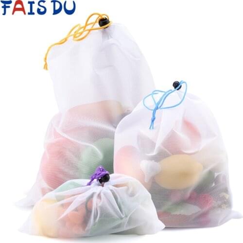 3/9/15pcs Reusable Vegetable Fruit Mesh Produce Bags Colorful Tape Washable Eco-Friendly Bags for Storage Toys Sundries
