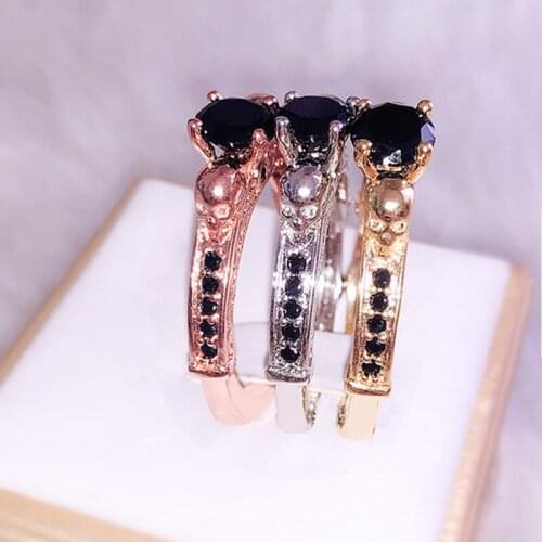 Fashion Jewelry Retro Tri-color Black Gold Skull Punk Style Black Zircon Ladies Ring Personalized Simple Elegant Ring Jewelry