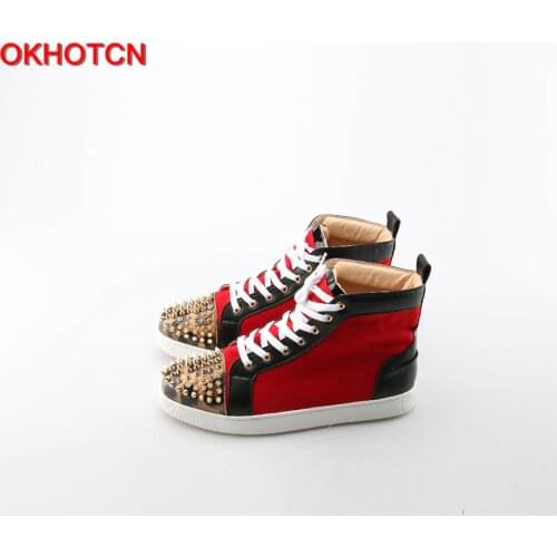 OKHOTCN Men Casual Shoes Leopard Rivets Toe Mixed Colors High Top Plain Shoes Mans Quality Hip Hop Shoes Zapatillas Hombre