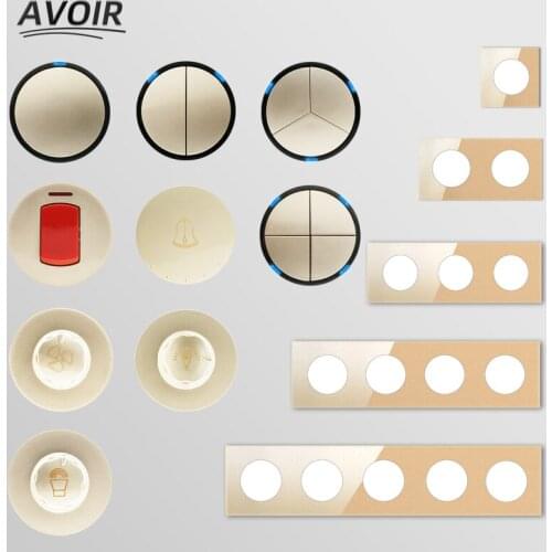 Avoir Wall Light Switch Golden Glass Panel Push Button Switch 1 2 3 4 Gang 1 2 Way EU FR Electrical Sockets DIY Free Combination
