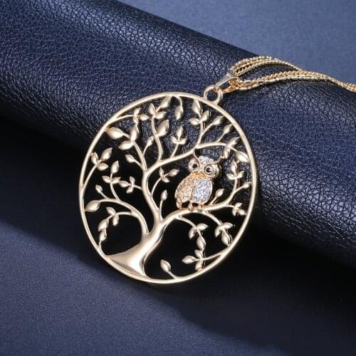 Gold Tree of life Owl Necklace Big Round Pendant Long Chains Sweater Necklace For Women Statement Jewelry Gifts Classic Collier