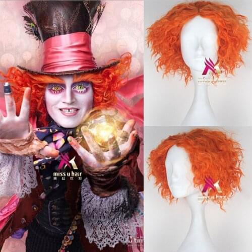 Alice in Wonderland 2 Mad Hatter Tarrant Hightopp Orange Wig Short Curly Hair Role Play Halloween Alice Through +wig cap