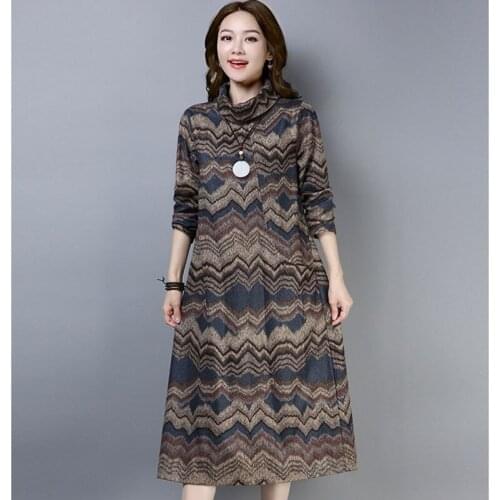 Retro Print Mid-Long Blanket Dress Winter Warm Turtleneck Overb sized Woolen Dress Women Long Sleeve Loose Thicken pullover