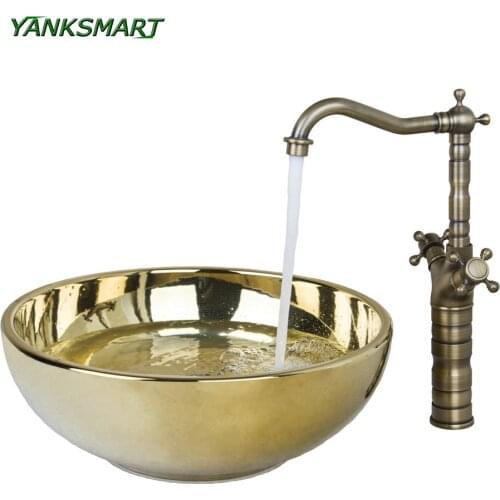 YANKSMART Bathroom Golden Luxury Ceramic Basin Sink Faucet Washbasin Counter Top Washroom Vessel Vanity Sink Mixer Retro Tap Set