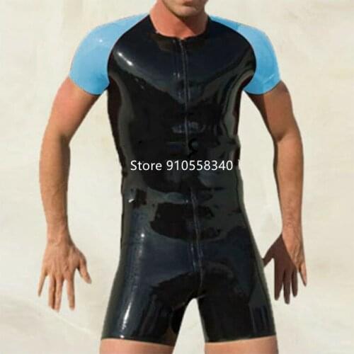 Sexy Mens Short Sleeve Black and Blue Latex Rubber Catsuit Tight Bodysuit Club Wear