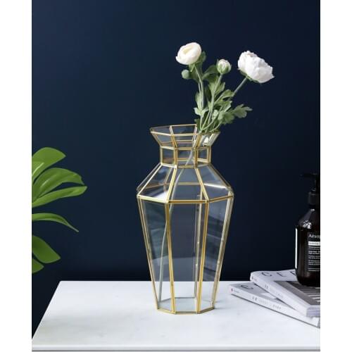 Nordic Light Luxury Copper Strip Glass Vase Living Room Decoration European Flower Model Home Decoration