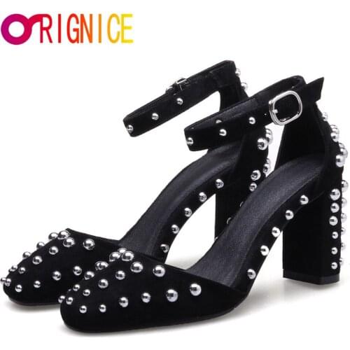 Orignice New Design Women Top Quality Vintage Sheep Suede High Heel Pumps Rivet Inlaid Round Toe Ankle Strap Party Dress Shoes