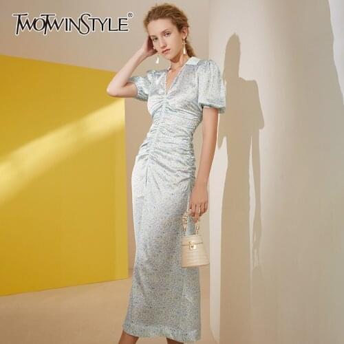 TWOTWINSTYLE Casual Print Dress For Women V Neck Puff Short Sleeve High Waist Drawstring Tunic A Line Midi Dresses Females Style