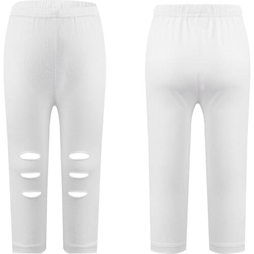 Kids Girls Summer Cotton Breathable Stretchy Running Pants Pure Color Elastic Waistband Ripped Knee Crop Leggings Pants Trousers