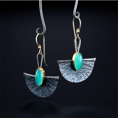 Vintage Ethnic Fan Shaped Green Resin Stone Earrings For Women Boho Antique Silver Handmade Semicircle Tribal Earings Jewelry