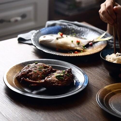 Japanese Art Retro Ceramic Western Food Steak Plate Household 10-inch Round Dessert Sushi Fruit Plate Hotel Restaurant Tableware