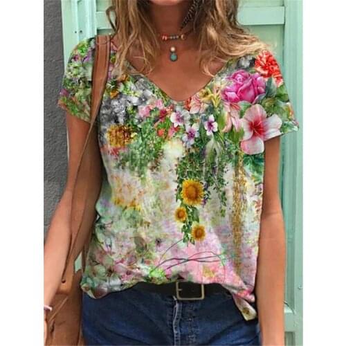 Oversized Ladies 3xl Tops Women Plus Size Floral 3d Print T Shirt Loose V-neck Short Sleeve Casual Tee Top Summer New Streetwea