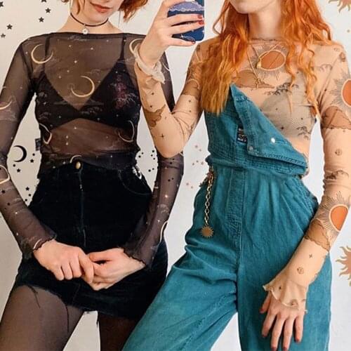 Women Sexy Transparent Mesh Net See Top Crop T-shirt Elastic Print Long Sleeve Party Transparent Beach Girls Shirt