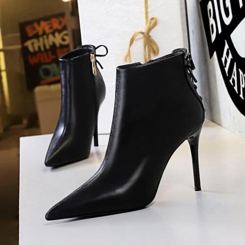UMMEWALO Boots Women Pointed Toe Thin Heels Winter Side Zippper PU Leather Ankle Boots Ladies