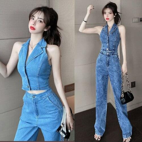 New Women Fashion Denim Suit Sleeveless Sexy Backless V-Neck Tops + High Waist Wide-legged Pants Denim Trousers Two Piece Set