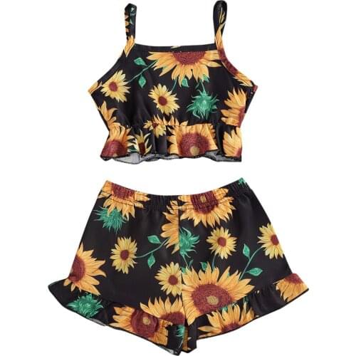 1-5Y Summer Infant Kids Baby Girls Clothes Sets Flowers Print Sleeveless Vest Tops+Ruffles Shorts 2pcs