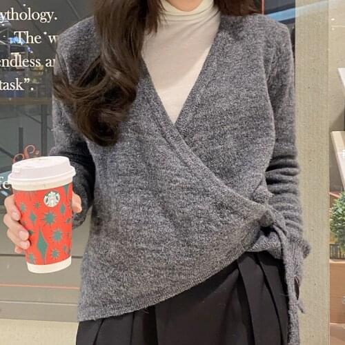 Wrapped Knit Cardigans Womens V-neck Lace-up Simple Long Sleeve Female Sweater