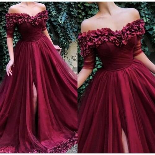 Burgundy 3D Flower Evening Dresses Long 2019 Slit Boat Neck Half Sleeve Flower Hemline Party Gown Elegant Formal Dress For Women