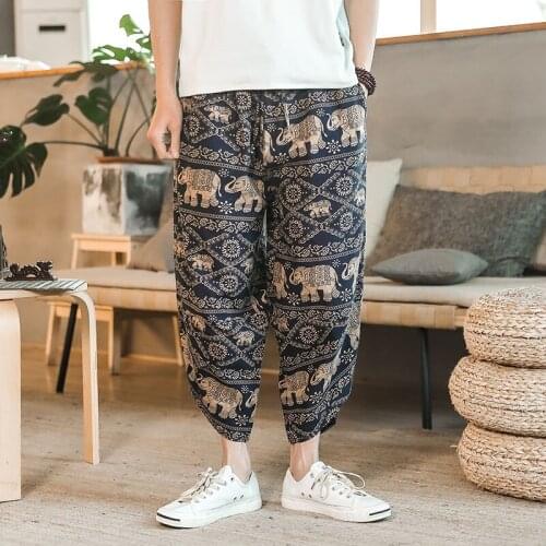 2020 Men Harem Pants Chinese Style Ethnic Style Cotton Printed Loose Elastic Waist Streetwear Trousers Men Casual Pants 10982