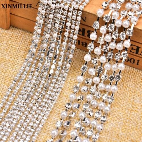 New 5 Yards/Lot Rhinestone Chain Crystal Pearls Trim Sew on Wedding Dress Belt Decoration DIY Garment Bags