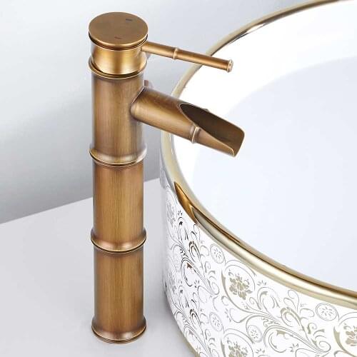 Antique Brass Bamboo Shape Bathroom Faucet Vessel Sink Basin Mixer Tap Lavatory One Hole / Handle Waterfall Mixer Tap