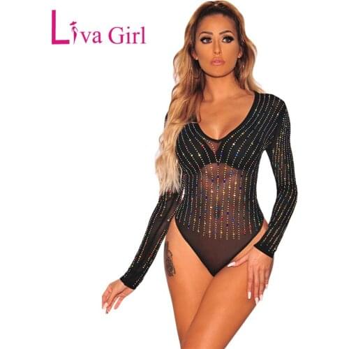 LIVA GIRL Black Sheer Women Mesh Bodysuit 2020 New Sexy V Neck Rainbow Rhinestone Studded Bodycon Bodysuits Long Sleeve Jumpsuit