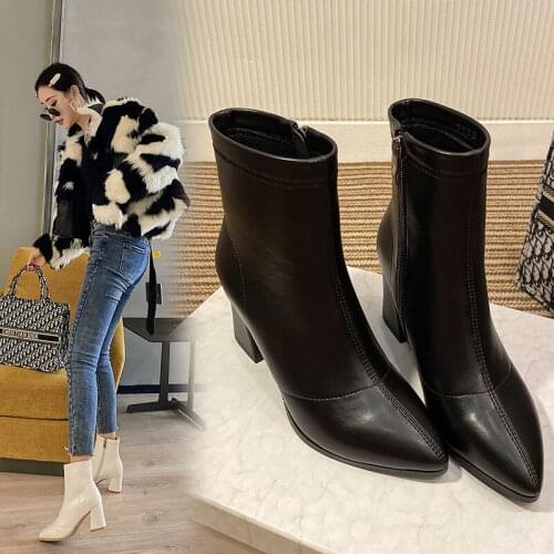 Black Pointed Toe Ankle women boots winter Women PU Leather Ankle Boots Thick Heels Pointed Toe Night Club Party Shoes Woman