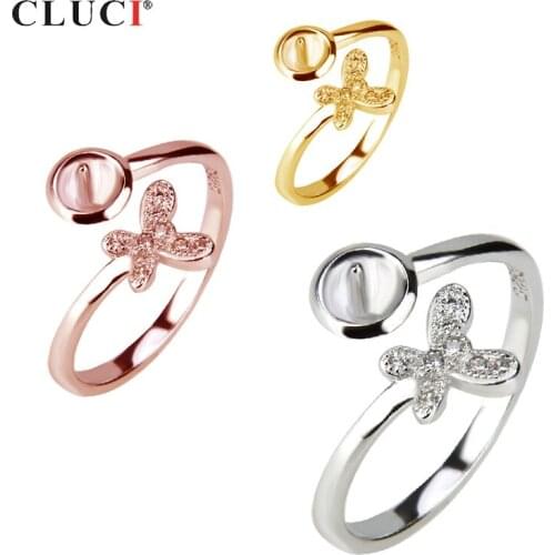 CLUCI Cute Women 925 Sterling Silver Butterfly Ring Adjustable Zircon Pearl Ring Mounting SR2051SB