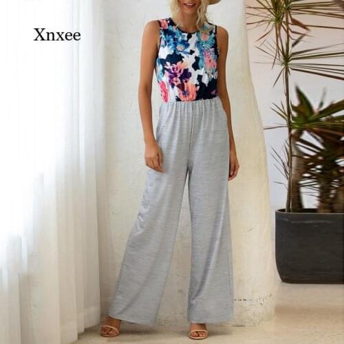 Sleeveles Jumpsuits Womens Summer Floral Print Romper Long Pants Casual One Piece Bodycon Pockets Wide Leg Loose Playsuit