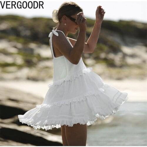 White Tiered Summer Mini Dress Woman Bohemian Ruffle Trim Straps Sexy Dresses for Women Bow Tied Shoulder Boho Dress Vestidos