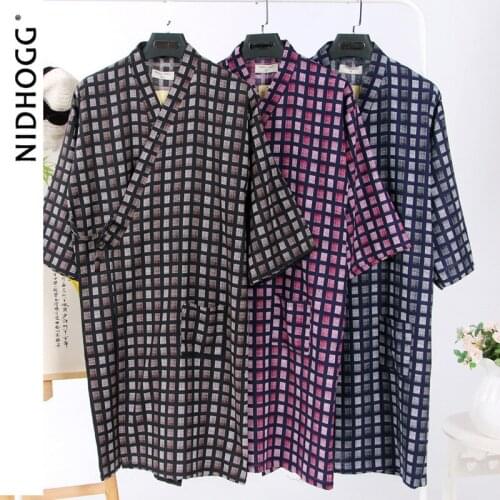 Men Plus Size Cotton Nightgown Bathrobe V-Neck Mens Kimono Robe Plaid Japanese Style Clothes Autumn Loose Sleepwear Home Clothes