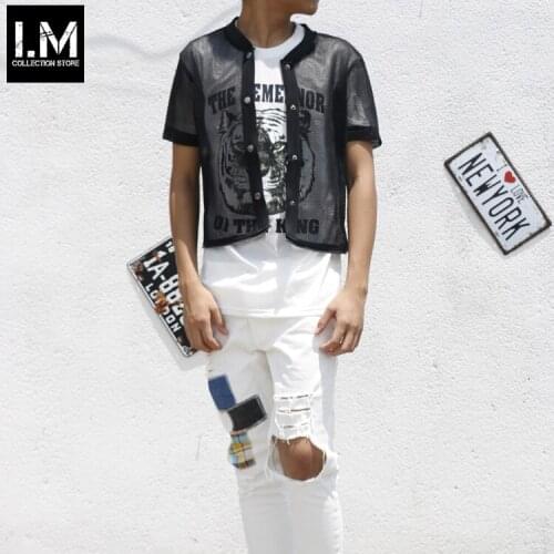 2015 Mens clothing reticularis disassembly cardigan perspectivity cutout long design short-sleeve T-shirt stage singer costumes