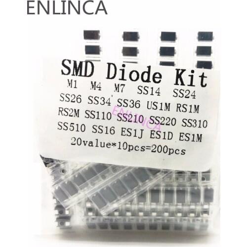 200pcs/lot SMD diode Assorted Kit 20 values*10PCS contains SS110 SS220 SS210 SS310 SS510 SS16 SS26 SS34 SS36 ES1J ES1D ES1M US1M