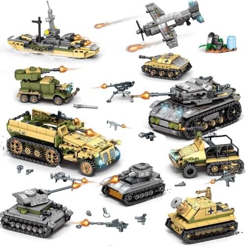8 IN 2 Military Iron Empire Tank Building Blocks Sets Weapon War Chariot Creator Bricks Aircraft Car Army WW2 Soldiers Kids Toys