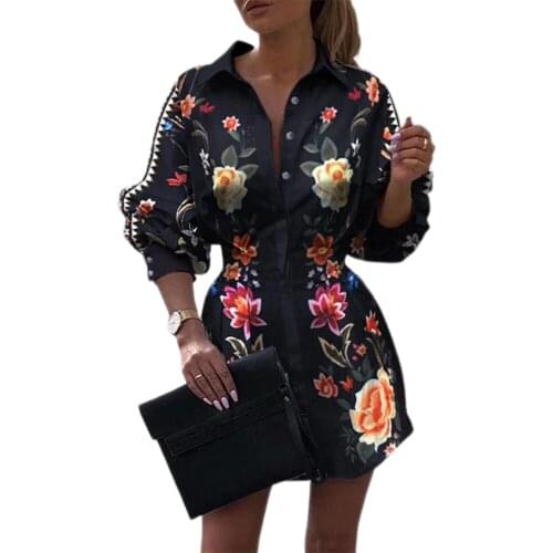 Autumn Womens Printed Lantern Sleeve Dress Summer Fashion Wild Casual Long Sleeve Lapel Shirt Dress