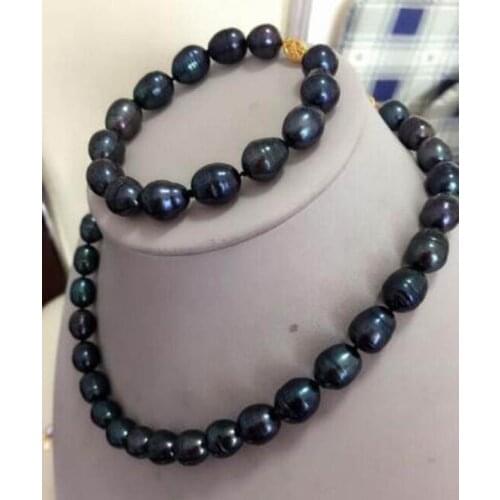 STUNNING 13MM TAHITIAN BLACK PEARL NECKLACE 20 INCH BRACELET 8" 14K GOLD CLASP