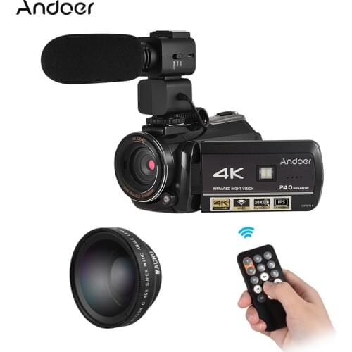 Andoer Professional Video Camera 4K Camara Profesional Camcorder w/ Extra 0.39X Wide Angle Lens + Lens Hood +External Microphone