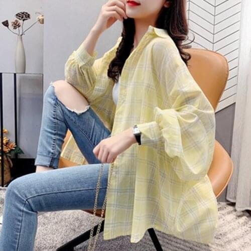 Summer Autumn Loose Korean Breathable Chiffon Plaid Shirt Sunscreen Lantern Sleeve Geometric Casual Shirts Women Clothes Xxxl